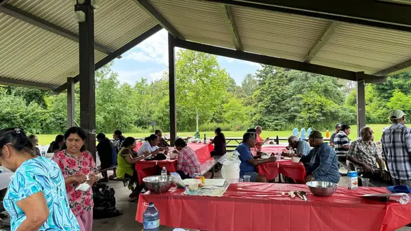 People gathered at tables under a park pavilion
