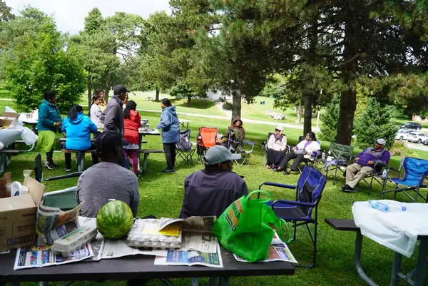 Picnic area on a sunny lawn
