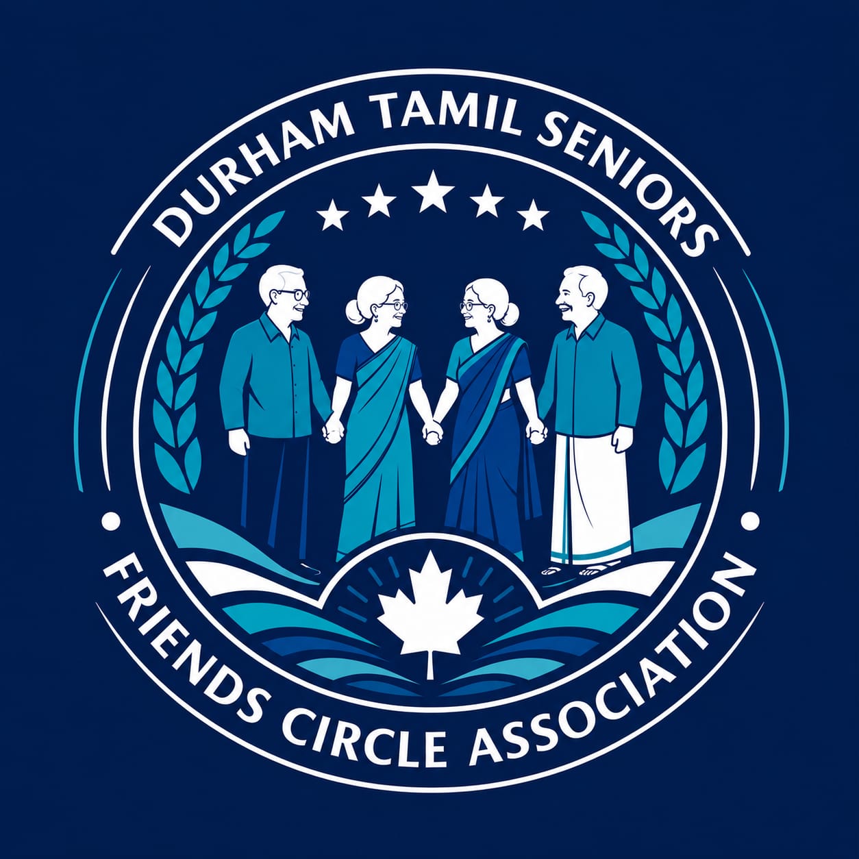 Our circle: Tamil elders, joined in friendship, with a Canadian maple leaf